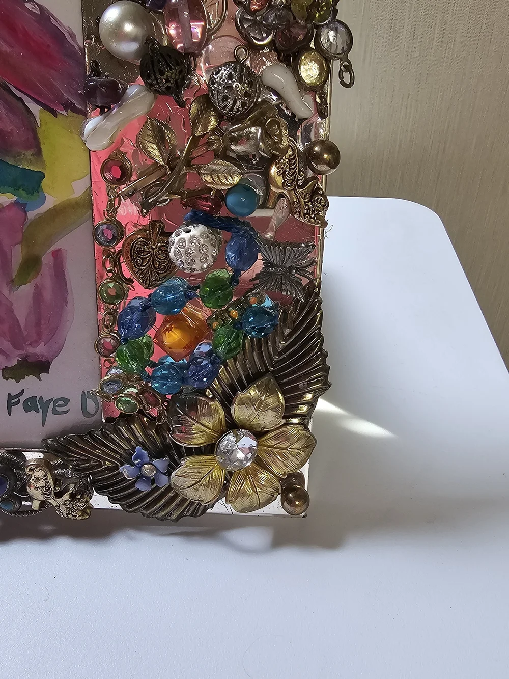 Artist Made Mixed Media Picture Frame Beaded Jewelry Mosaic Floral Art Frame